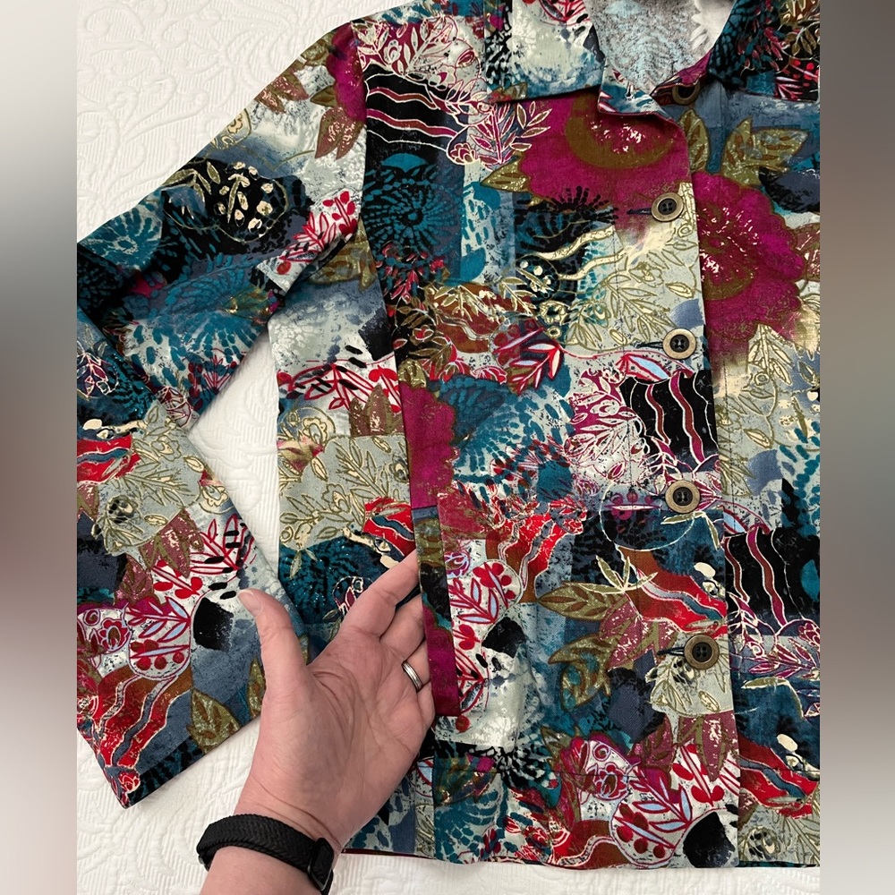 Additions by Chico's Multicolor Boho Floral Cotton Jacket Size 1 Medium - Picture 5 of 7